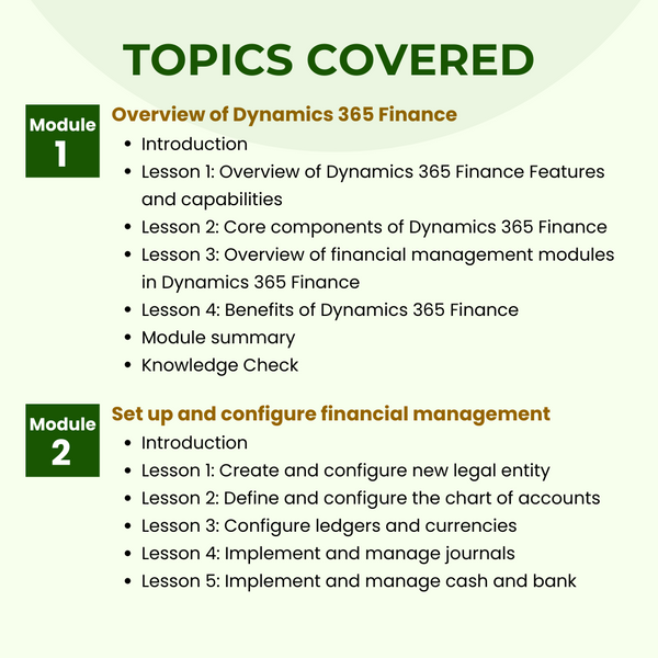 MB-310: Microsoft Dynamics 365 Finance Functional Consultant Instructor Led Online Training